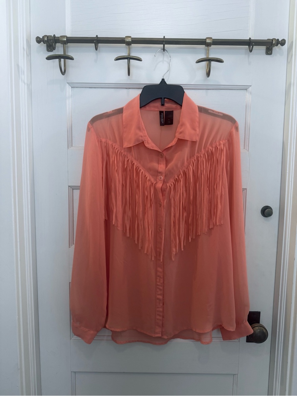 Bisou Bisou Coral Western Fringe Button-Front Blouse
